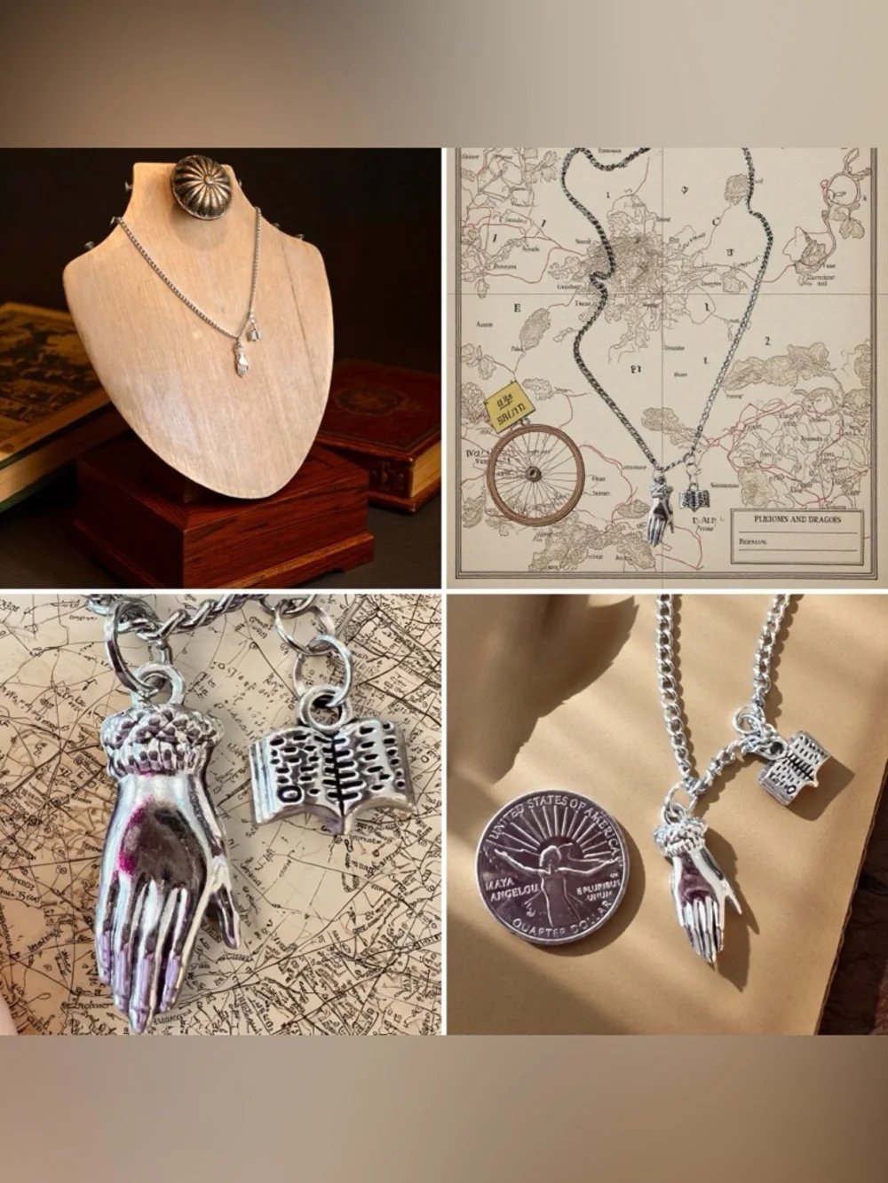 DND Wizard Silver Toned Hand Charm Necklace with Book
